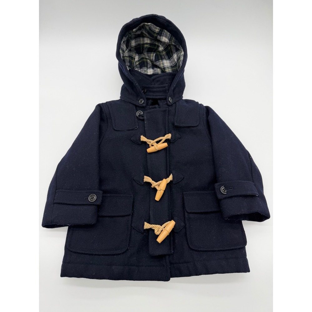 J.Crew Crewcuts Kids Navy Blue Wool Duffle Pea Coat Toggle Hooded Jacket XS 4-5
